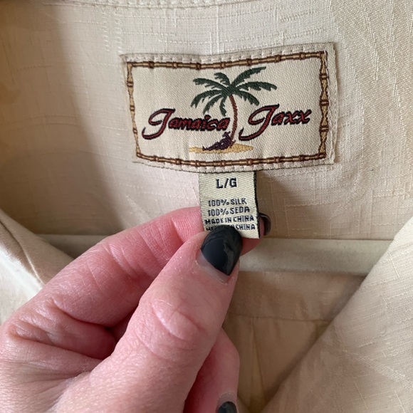 Jamaica Jaxx Mens Silk Button Down Shirt, Palm Print, Large, Good Condition - Picture 10 of 16